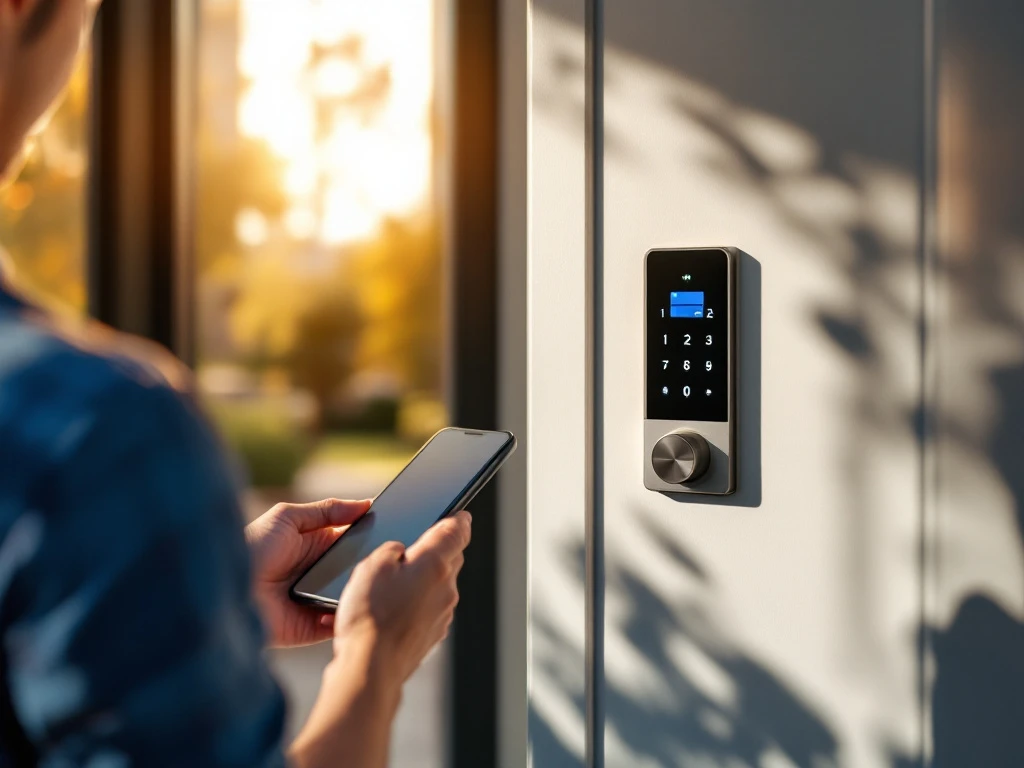 Een modern appartementengebouw met digitaal toegangspaneel waar een beheerder via smartphone toegang regelt, symboliseert de overgang van sleutels naar digitale toegang.