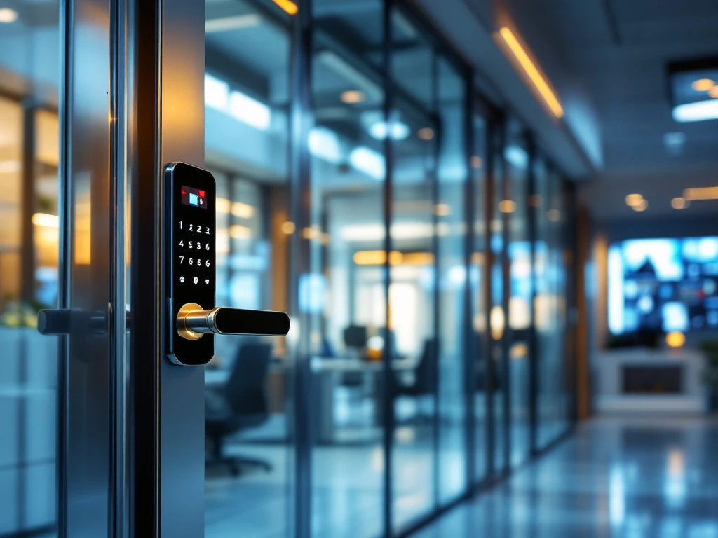 Een moderne kantooringang met geavanceerde beveiligingssystemen: glazen deuren met kaartlezers, biometrische scanners en een professioneel smart-lock systeem.
