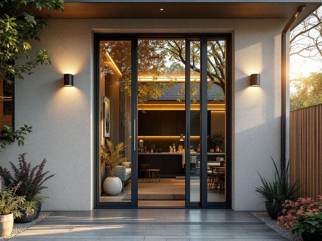 Alt: Goed onderhouden woning met moderne houten voordeur, verzorgde tuin, veiligheidsvoorzieningen en warm zonlicht dat een veilige sfeer creëert.