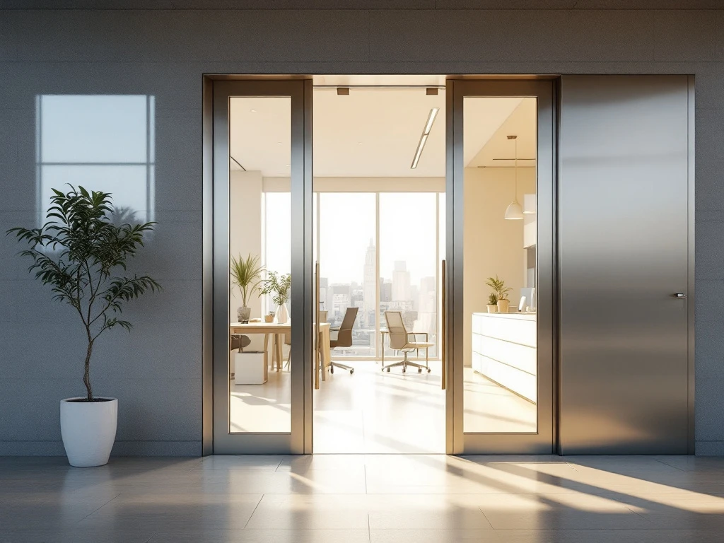 Moderne beveiligingsdeur van hoogglans staal met elektronisch toegangssysteem, half geopend naar een stijlvol kantoorinterieur met warm invallend zonlicht.
