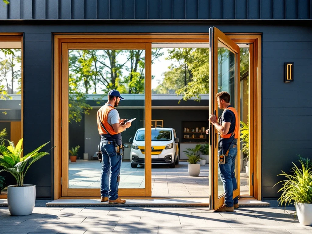 Vakkundige installatie van premium houten buitendeur bij modern bedrijfspand op zonnige dag, met servicewagen en kwaliteitscertificaat zichtbaar.