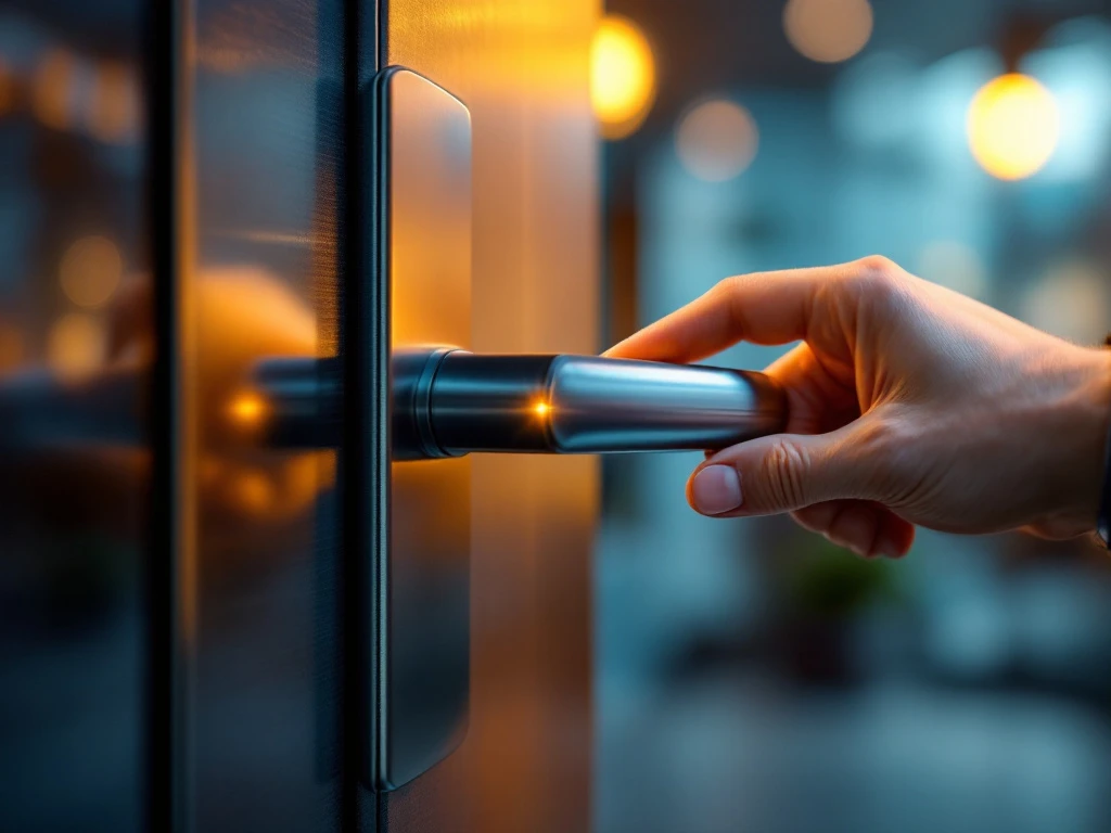 Professionele hand plaatst nieuwe sleutel in glanzend cilinderslot van bedrijfsdeur in warm ochtendlicht, met onscherp bedrijfspand op achtergrond.