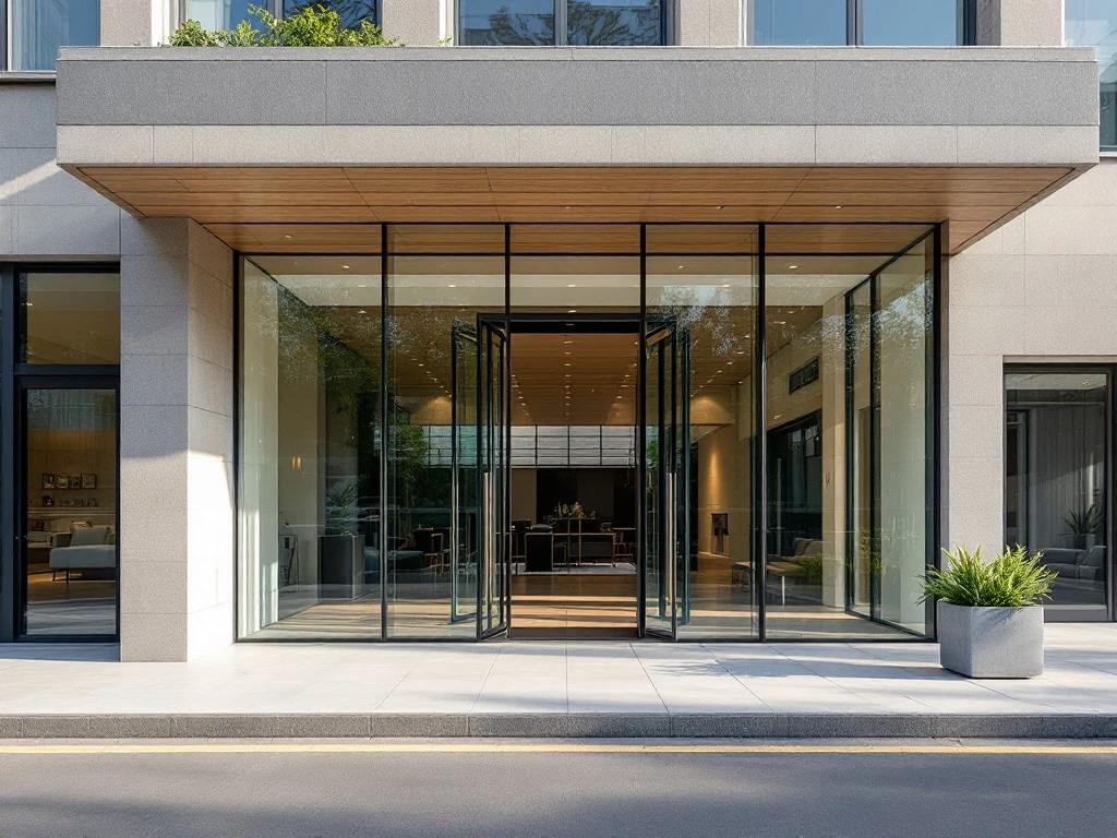 Moderne glazen buitendeuren in commercieel pand contrasteren met oudere deur, elegante aluminium omlijsting tegen bakstenen gevel in warm zonlicht.