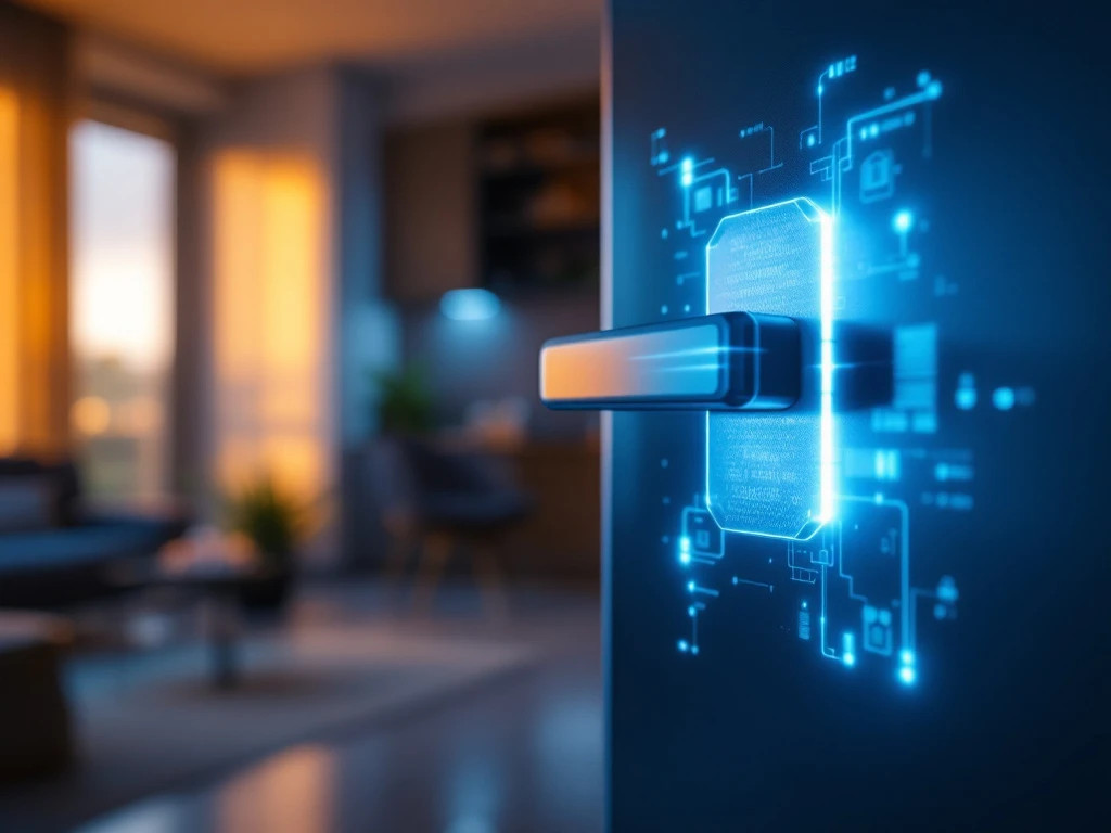Moderne digitale sleutelkaart ontgrendelt elektronisch deurslot in een helder verlichte entreehal met warme lichtinval en blauwe accenten die veiligheid en innovatie uitstralen.