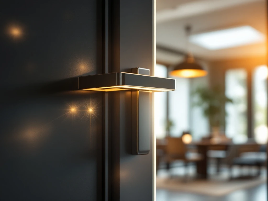 Moderne bedrijfsdeur met zichtbaar meerpuntssluiting-systeem in zonverlicht kantoor, half geopend om robuuste sluitpunten te tonen in warme, veilige omgeving.