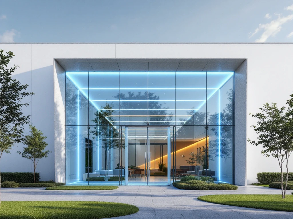Modern kantoorgebouw met biometrisch toegangspaneel en geïntegreerde beveiligingstechnologie in een lichte, uitnodigende architectuur.
