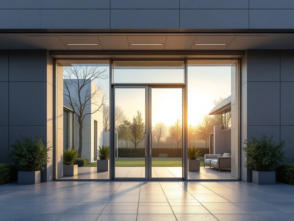 Moderne kantoorgebouw met elegante glazen deur in aluminium frame, zonlicht schijnt uitnodigend door de open deur met zichtbaar beveiligingssysteem.