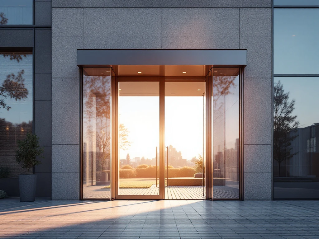 Modern kantoorpand met elegante glazen buitendeur en elektronisch toegangssysteem, geaccentueerd door warm ochtendzonlicht dat een professionele uitstraling creëert.