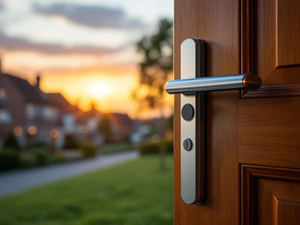 Moderne voordeur met SKG-cilinderslot, gedeeltelijk geopend met warm licht. Ernaast professionele lockpicking gereedschapskoffer in een rustige woonwijk in Hoofddorp.