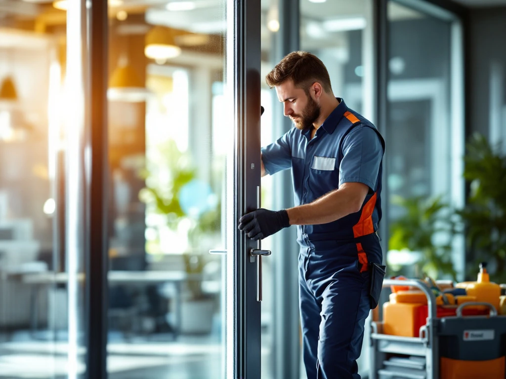 Professionele slotenmaker in blauw-zilver uniform vervangt vakkundig een modern kantoorslot op glazen deur in een licht kantoorpand in Hoofddorp.