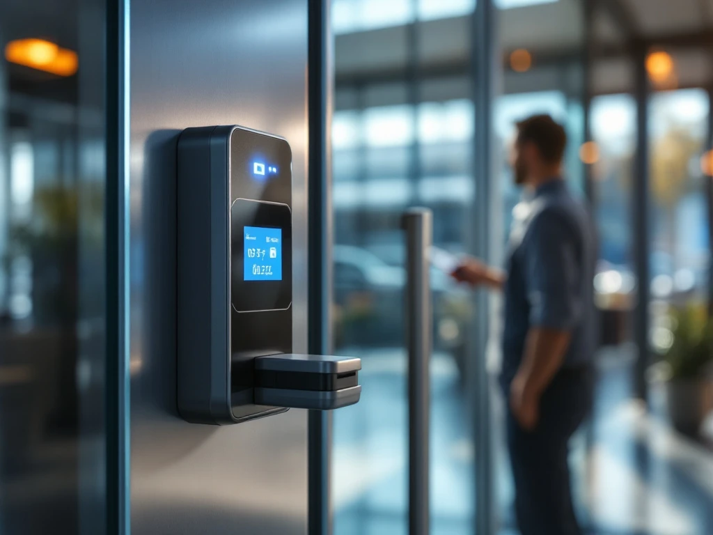 Moderne toegangscontrolesystemen met codeslot, kaartlezer en biometrische scanner op glazen kantoordeur in Hoofddorp, met slotenmaker silhouet op achtergrond.