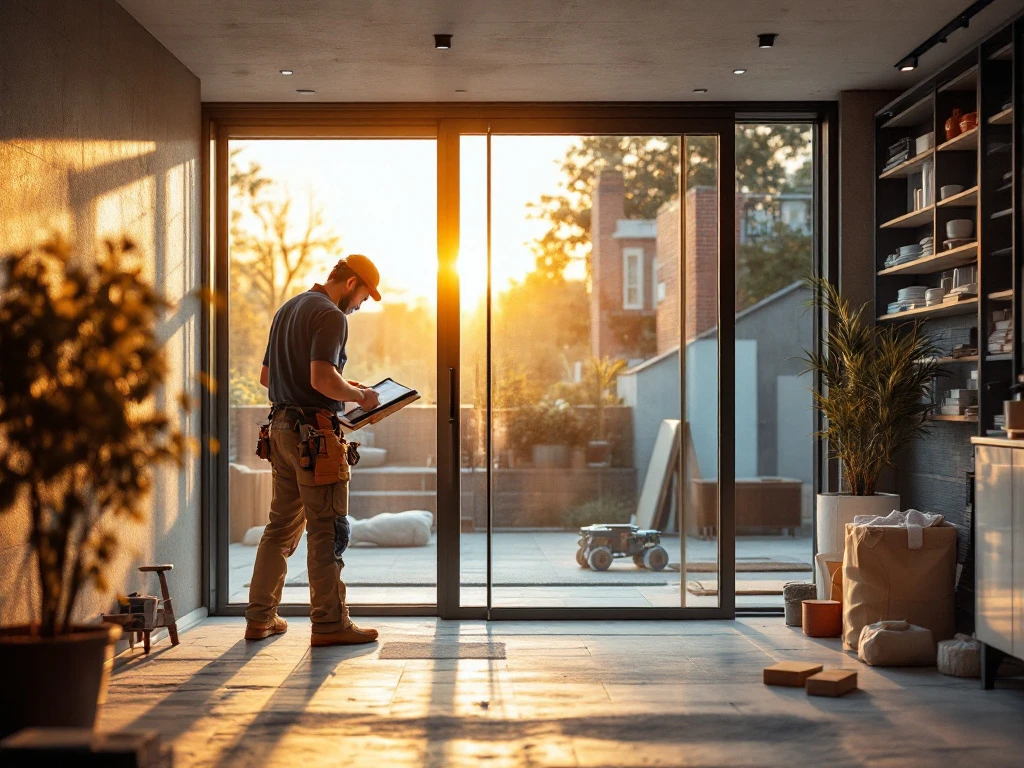 Vakman installeert moderne glazen veiligheidsdeur bij een elegant bedrijfspand. Gereedschap en deurbeslag tonen professioneel vakmanschap van BSS Slotenservice in warm namiddaglicht.