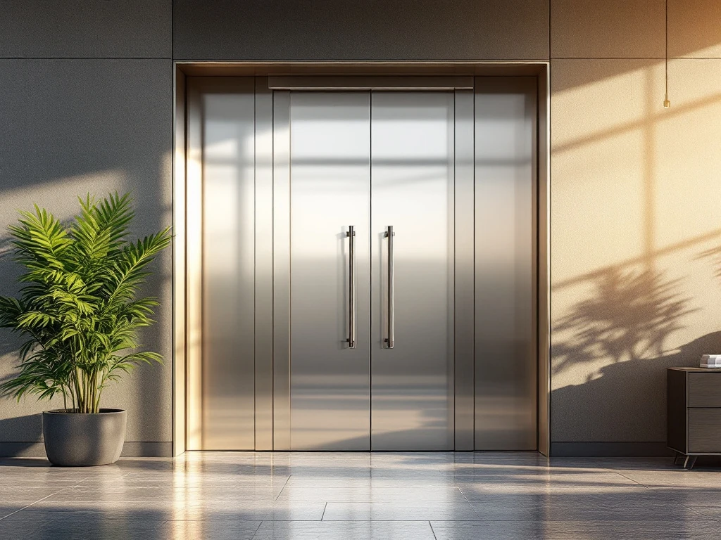 Moderne commerciële buitendeur met SKG-gecertificeerd veiligheidsbeslag en meerpuntssluiting in een professioneel bedrijfspand, verlicht door zonlicht.