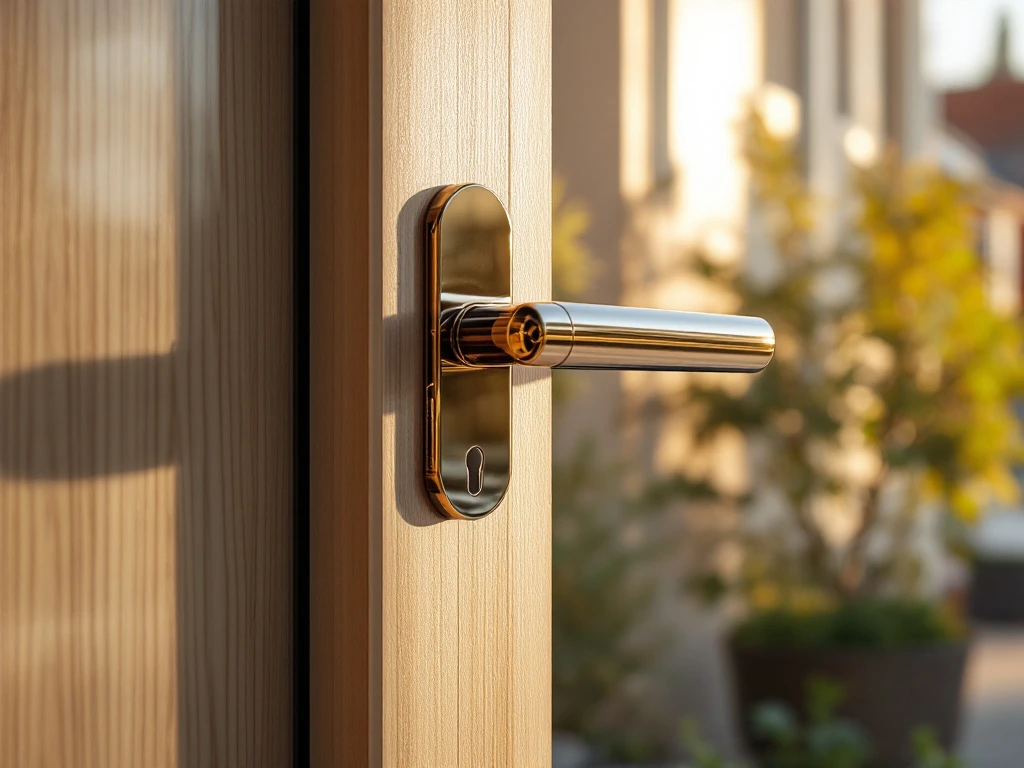 Modern veiligheidsslot met anti-kerntrekbeslag op lichte houten voordeur in warm ochtendlicht, met potplant en verzorgde Hoofddorpse woonwijk op achtergrond.