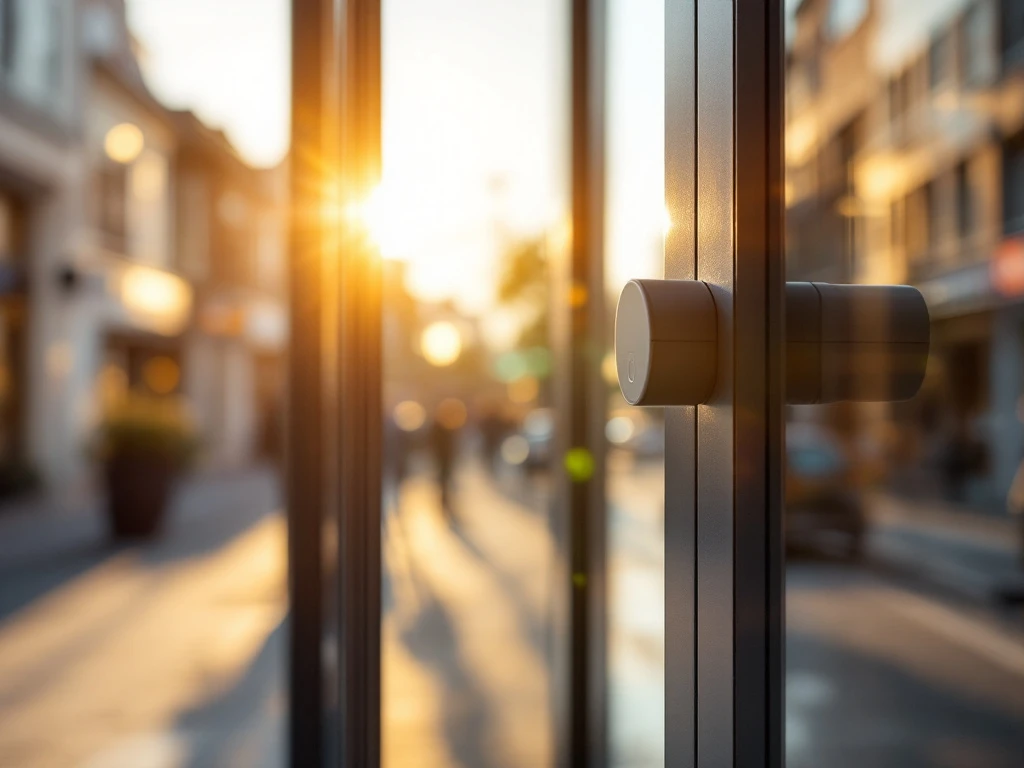 Moderne winkelpand in zonnige winkelstraat Hoofddorp met professionele veiligheidselementen, cilinderslot en meerpuntssluiting, terwijl een sleutel wordt omgedraaid.
