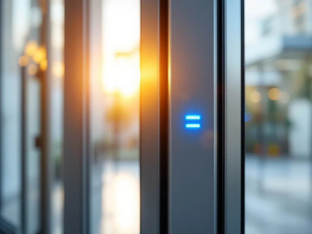 Modern automatisch deursysteem, half open, met zichtbaar mechanisme, blauwe LED-indicator en zonlicht door de glazen deur in een uitnodigende entree.