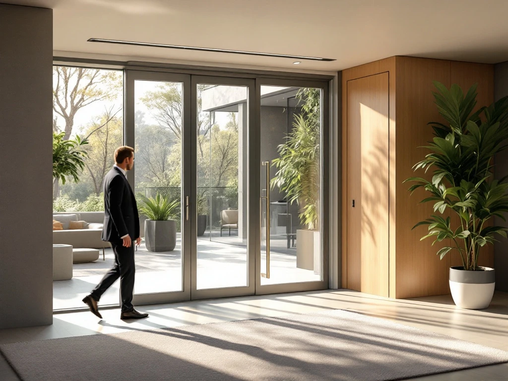 Moderne kantoorlobby met elegante automatische glazen schuifdeur in warm zonlicht, waar een persoon moeiteloos doorheen stapt in een toegankelijke, professionele omgeving.