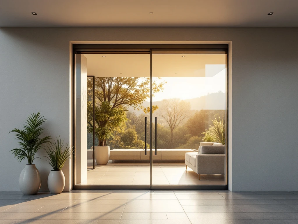 Moderne glazen automatische schuifdeur in openende positie bij zonnige entree, met prijskaartje naast zilverkleurige deurautomaat in warm interieur.
