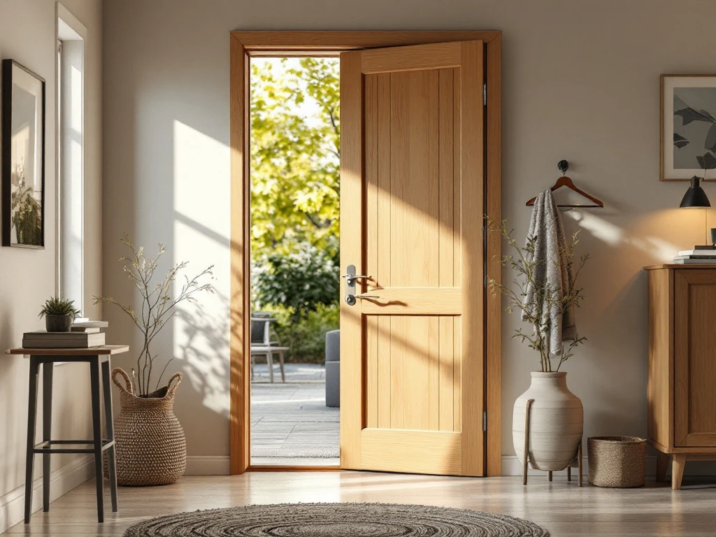 Moderne entree met half-geopende houten deur, elegante deurautomaat, bewegingssensor en bedieningspaneel, badend in warm zonlicht voor optimale toegankelijkheid.