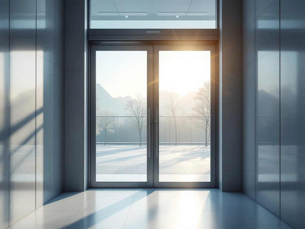Automatische glazen schuifdeur met veiligheidssensoren in lichte, moderne hal. Zonlicht valt door de glazen gevel, EN 16005 compliant, professionele sfeer.