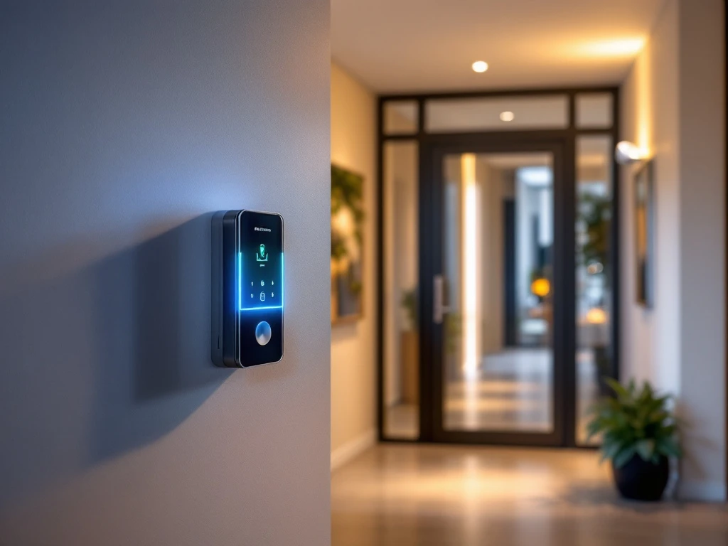 Intratone intercom met verlicht scherm naast glazen deur in moderne appartementenhal, met smartphone die de bijbehorende app toont in warm licht.