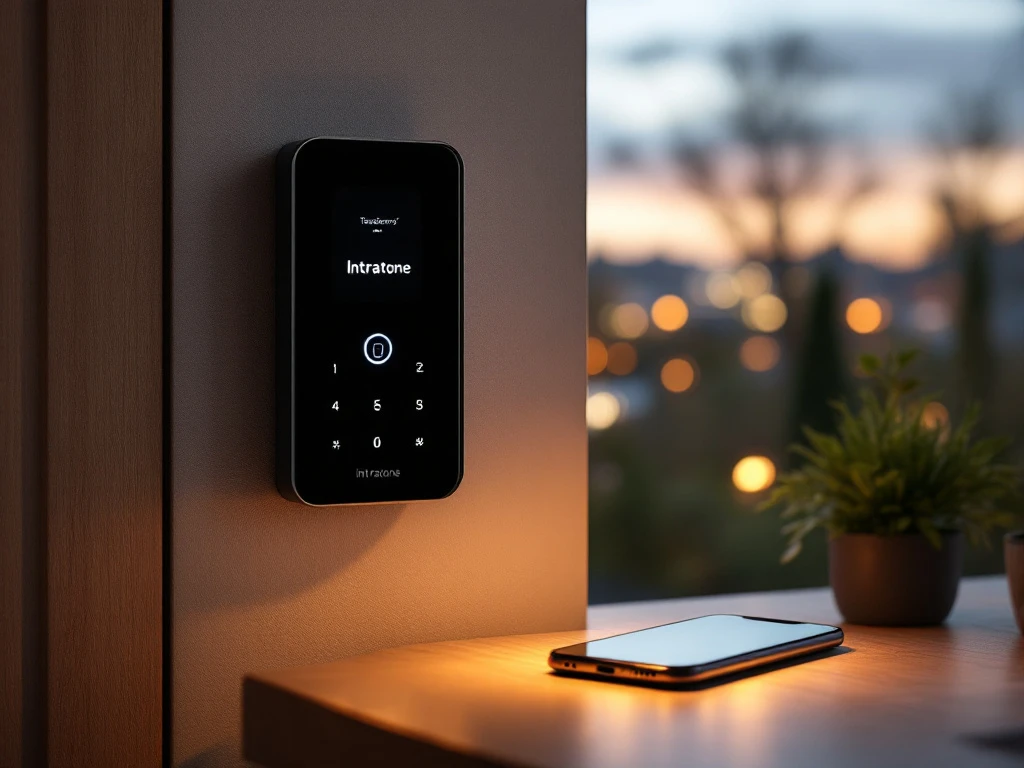 Moderne Intratone intercom bij lichte appartementsingang met helder display voor toegangscontrole, naast een smartphone die draadloze verbinding toont.