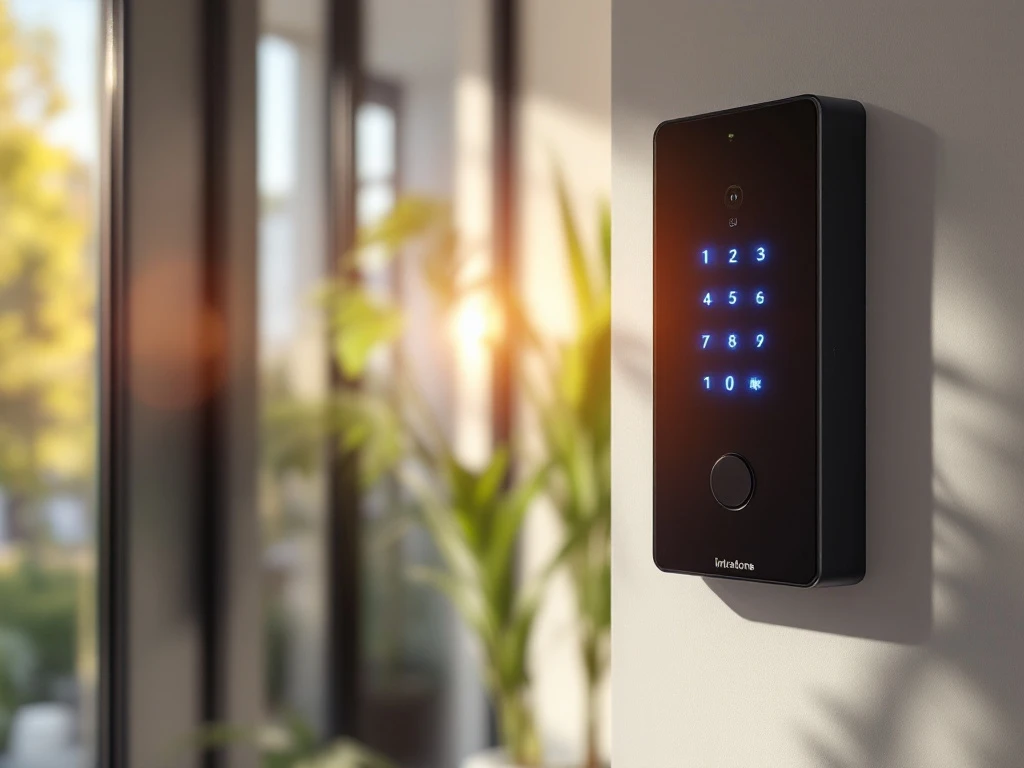 Moderne appartementsentree met Intratone intercomsysteem. Een hand bedient het verlichte paneel in een zonnige, uitnodigende omgeving.
