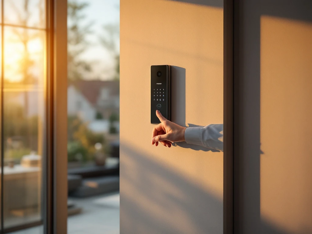 Professionele technicus voert onderhoud uit aan Intratone intercomsysteem in moderne appartementshal, met gereedschap netjes gerangschikt en warme ochtendzon die de ruimte verlicht.