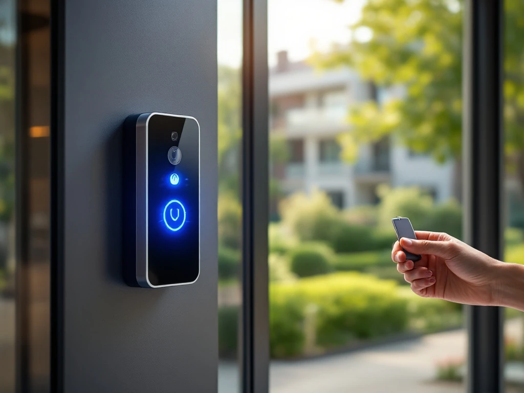 Modern Intratone intercomsysteem naast glazen toegangsdeur van appartementencomplex, met hand die badge presenteert. Blauwe verlichting en zonnige omgeving.