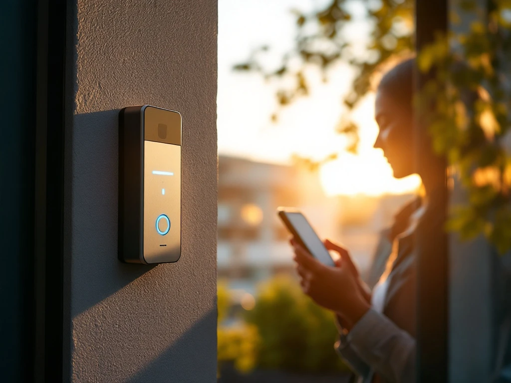 Moderne Intratone draadloze intercom naast traditioneel bekabeld systeem op appartementengevel, met silhouet van smartphone-gebruiker op achtergrond.