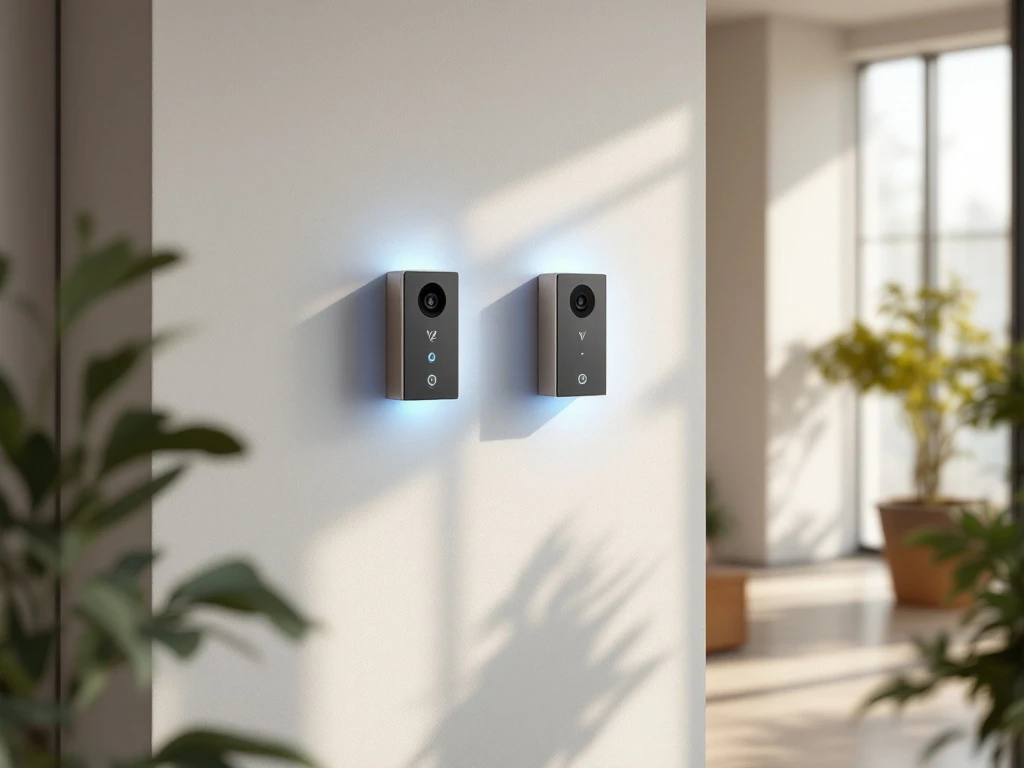 Intratone intercomsystemen V2 en V3 naast elkaar in moderne appartementshal met natuurlijk licht, groene planten en houten zitbank. V3 met blauwe achtergrondverlichting.