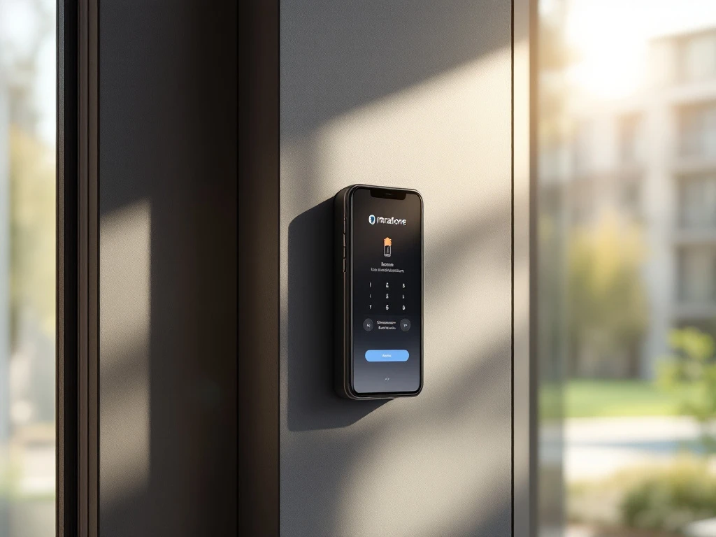 Smartphone met Intratone app naast modern toegangscontrolepaneel bij een lichte appartementsingang, die moderne beveiliging en gebruiksgemak tonen.