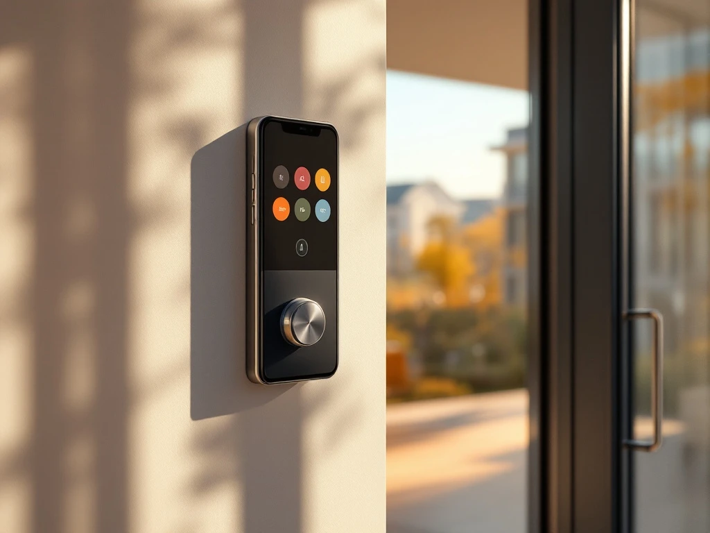 Modern appartementencomplex ingang met Intratone intercom en smartphone-app voor deuropening in warm ochtendlicht.