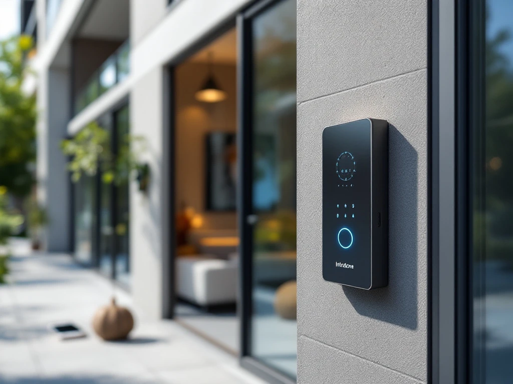 Moderne appartementsingang met Intratone intercom bij glazen deur. Sleutels en smartphone tonen draadloze toegangsmogelijkheden in zonnige omgeving.