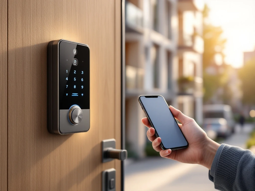 Moderne Intratone intercom bij appartementencomplex met smartphone-bediening, verlichte entreehal en warme houten elementen, straalt veiligheid en gebruiksgemak uit.