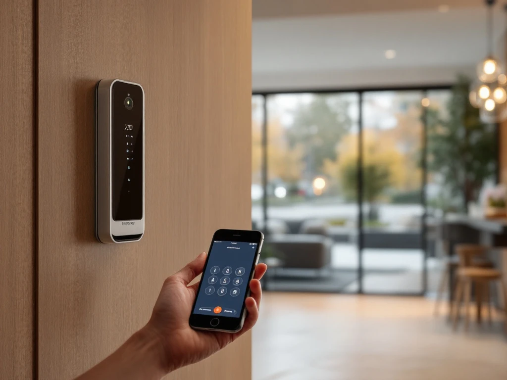 Moderne appartementingang met Intratone intercomsysteem en smartphone waarop de toegangscontrole-app te zien is in warm ochtendlicht.