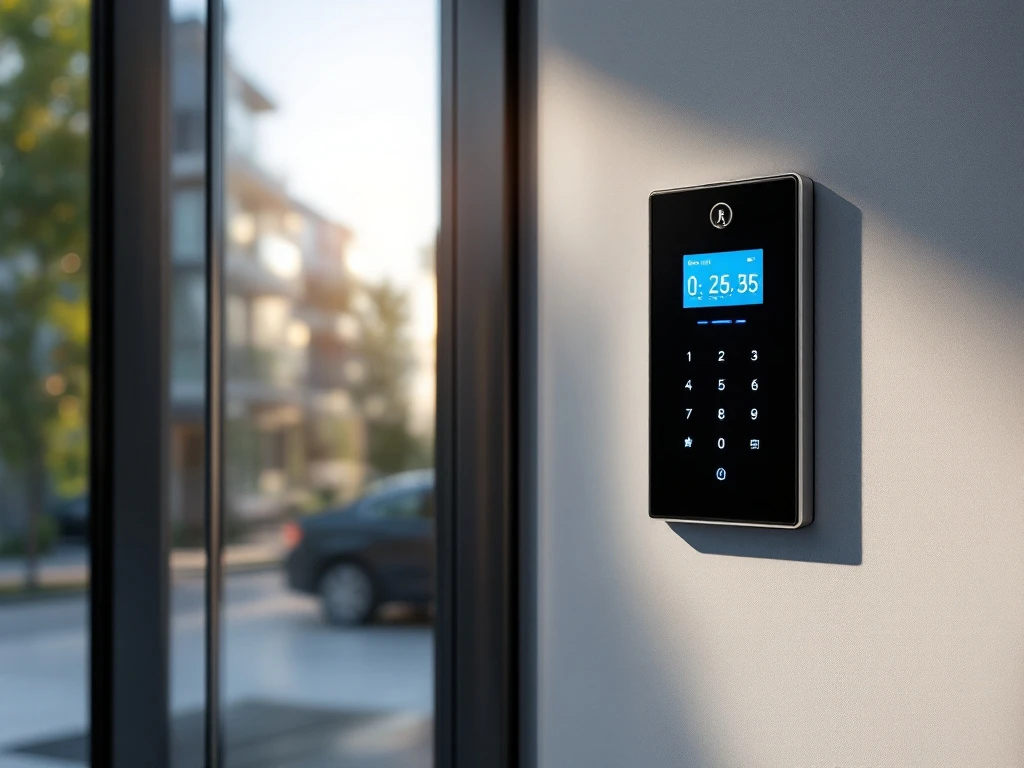Moderne Intratone intercomsysteem naast glazen toegangsdeur, bediend door een hand op het digitale display met profielpictogrammen, in een licht appartementencomplex.