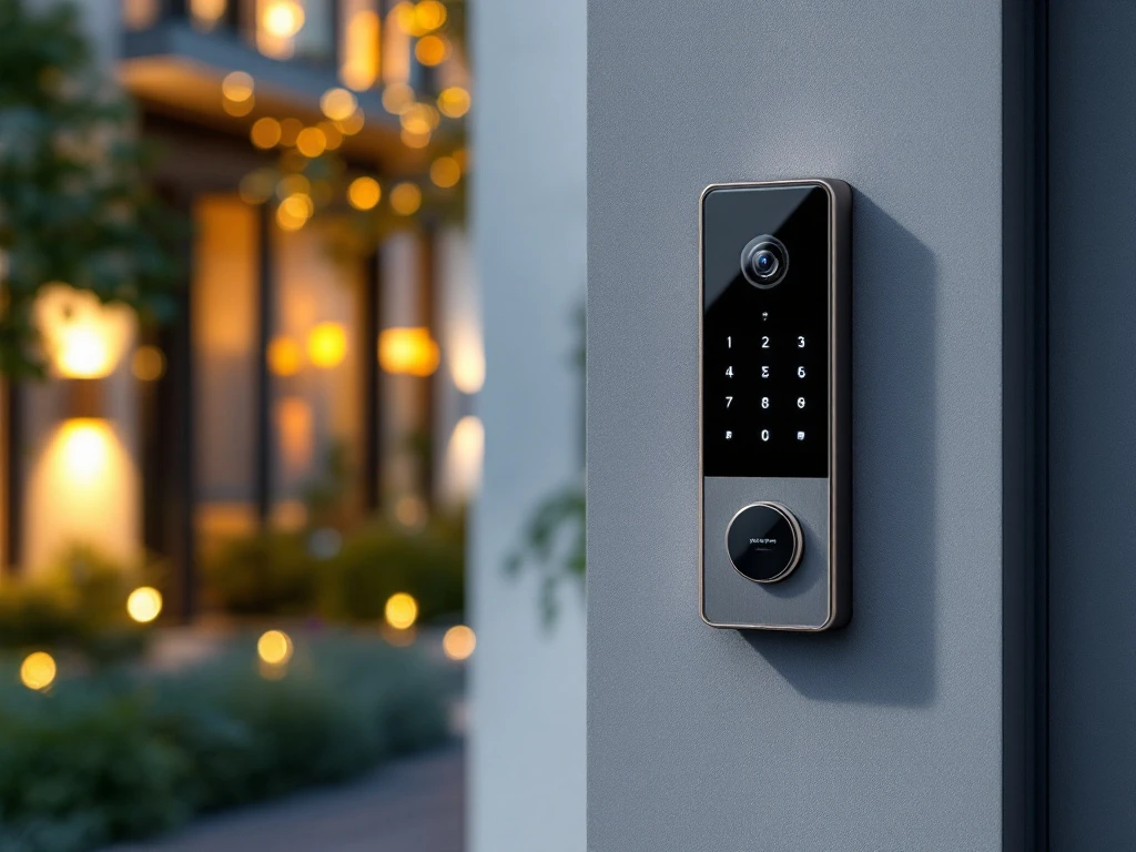 Moderne Intratone intercom bij stijlvolle appartementendeur in daglicht, met touchscreen en camera. Euromuntsymbolen op achtergrond suggereren kostenefficiëntie.