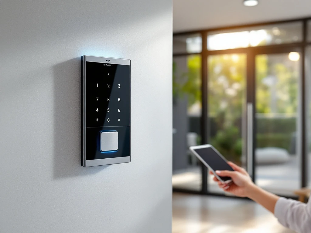 Moderne appartementenlobby met Intratone intercominstallatie. Hand met tablet programmeert het blauwe touchscreen systeem naast glazen toegangsdeur.
