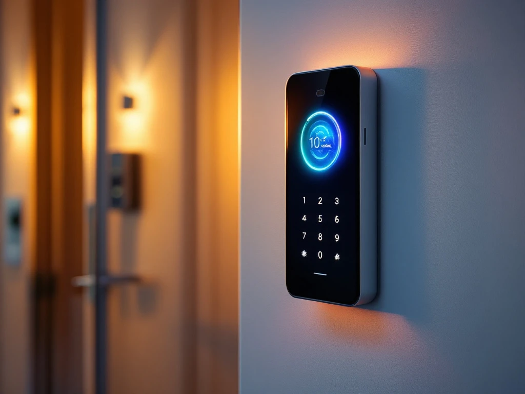 Moderne Intratone intercominstallatie bij een appartementencomplex, met helder scherm en smartphone die de bijbehorende app toont in een veilige entree.