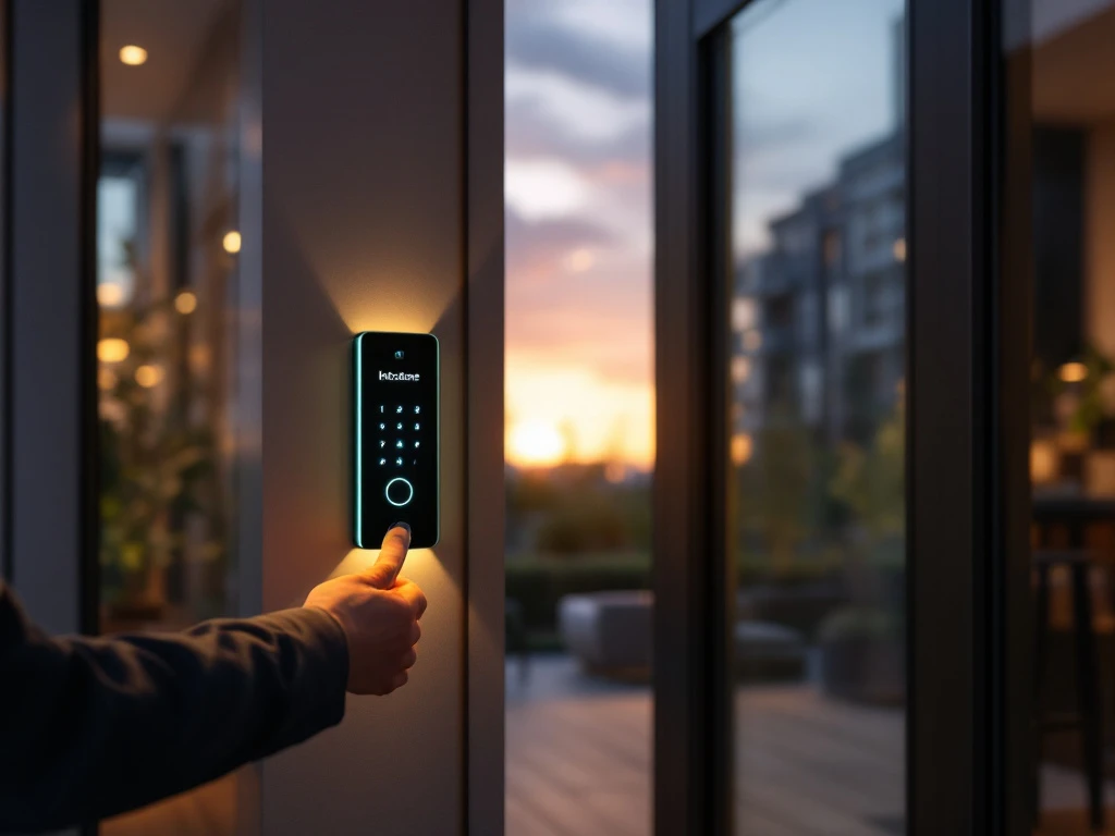 Moderne Intratone intercom bij glazen entree van appartementencomplex tijdens zonsondergang. Bewoner nadert met sleuteltag terwijl deur ontgrendelt met groen LED-licht.