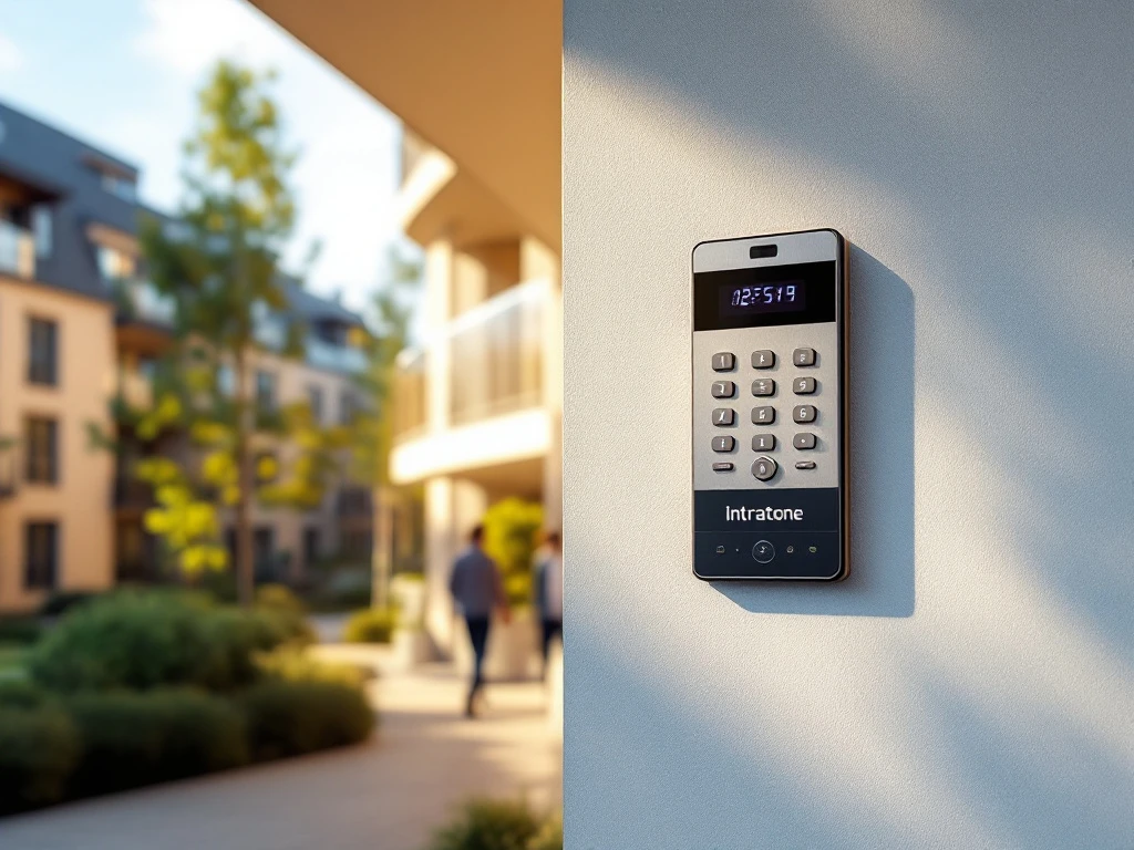 Modern appartementencomplex met Intratone intercomsysteem bij de hoofdingang, gebaad in warm ochtendlicht tegen een beige gevel, straalt veiligheid uit.