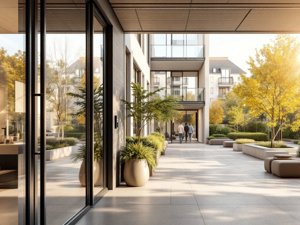 Modern appartementencomplex met stijlvol verlichte entree en prominent Intratone intercomsysteem, geïntegreerd in een lichte gevel onder warm zonlicht.