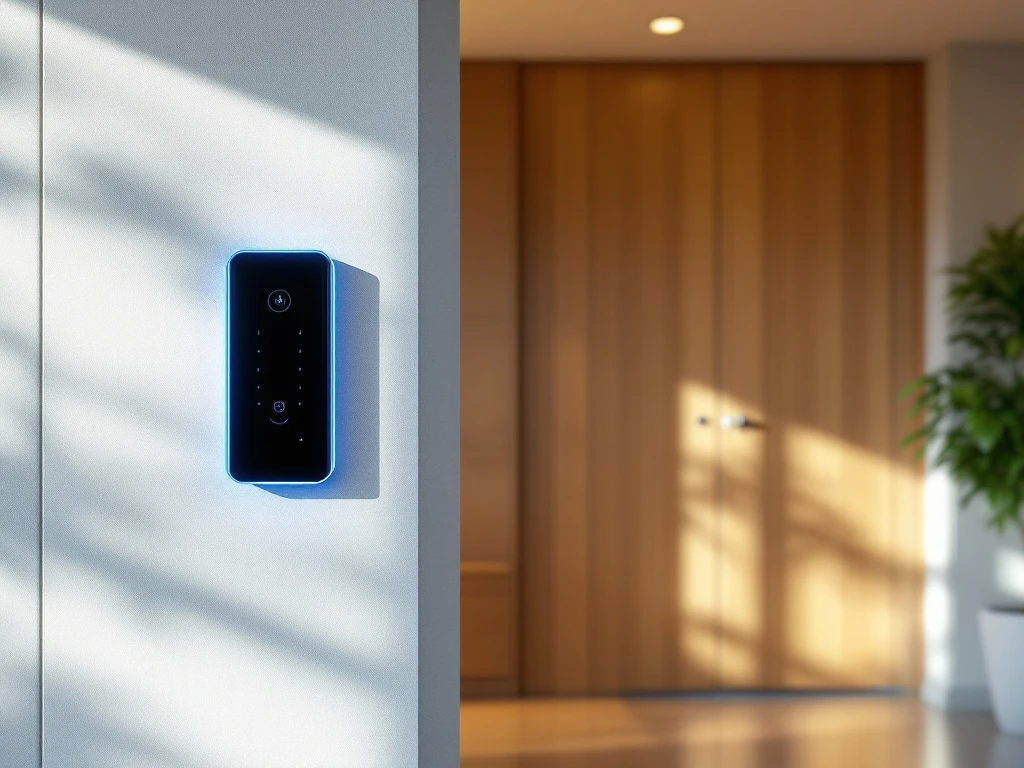 Modern Intratone intercomsysteem met blauwe LED-verlichting naast een zonnige appartementsingang, contrasteert met een verouderd toegangspaneel. Deur staat uitnodigend open.