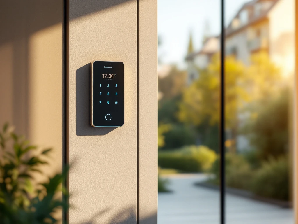 Intratone intercompaneel bij moderne appartementingang, stralend met blauw licht en draadloze verbinding naar smartphone in een zonnige, uitnodigende entreehal.