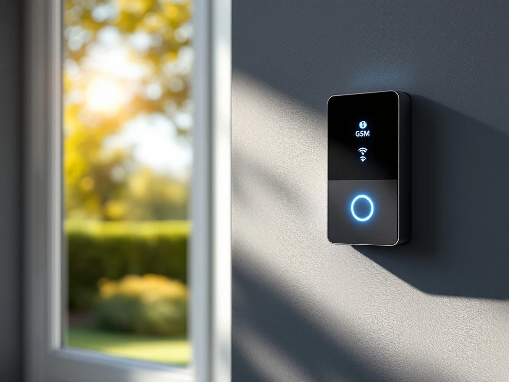Moderne Intratone intercom bij zonnige woningentree, met GSM-symbool en doorgestreepte wifi-indicator naast een half-geopende voordeur.
