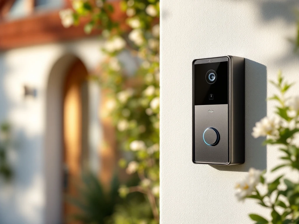 Moderne Intratone intercom bij lichte huisingang met bloeiende planten, badend in zonlicht. Onderhoudsmiddelen subtiel zichtbaar, straalt duurzaamheid en betrouwbaarheid uit.