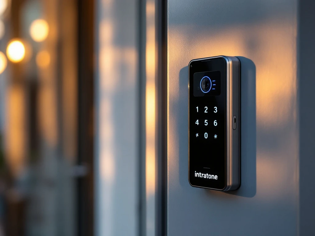 Moderne Intratone intercom geïnstalleerd naast een half verwijderde oude intercom op een zonnige appartementsgevel, met gereedschap netjes gerangschikt eronder.