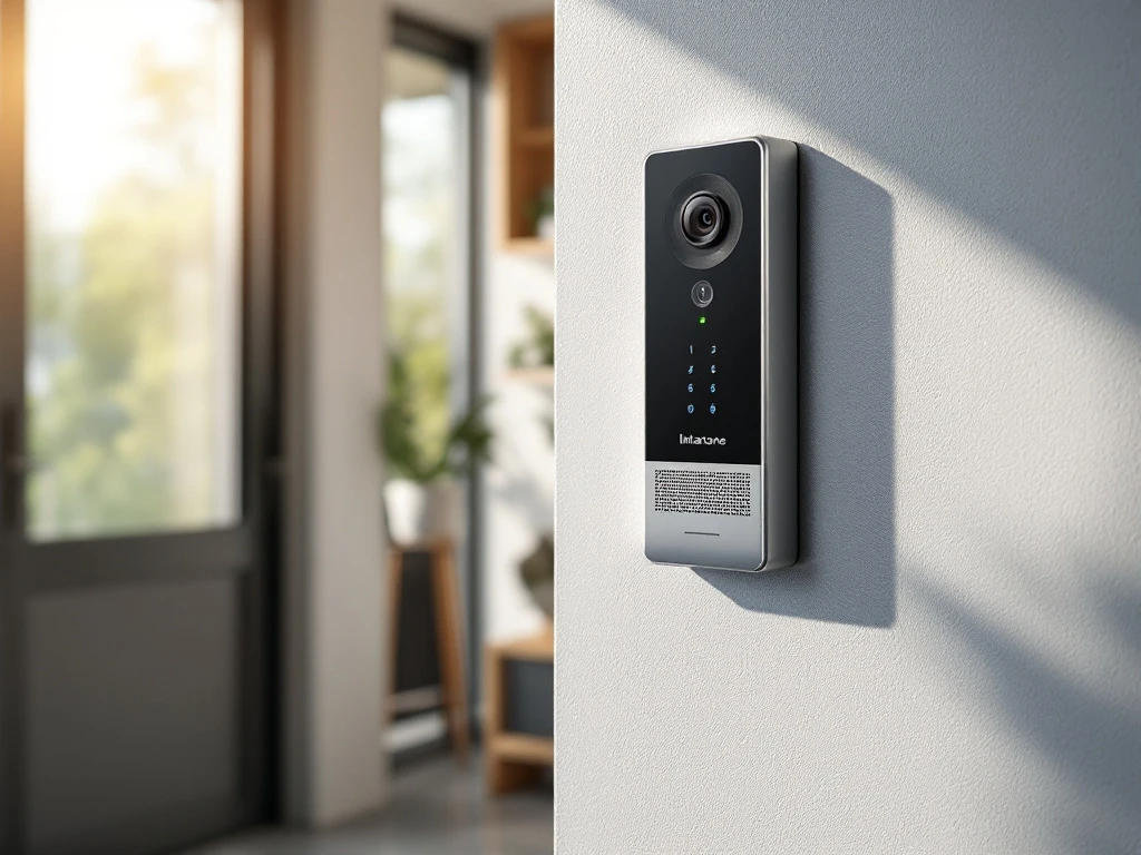 Moderne Intratone intercom tijdens professionele installatie op lichte muur, met gereedschap, nette bedrading en smartphone met configuratie-app in zonnige entree.