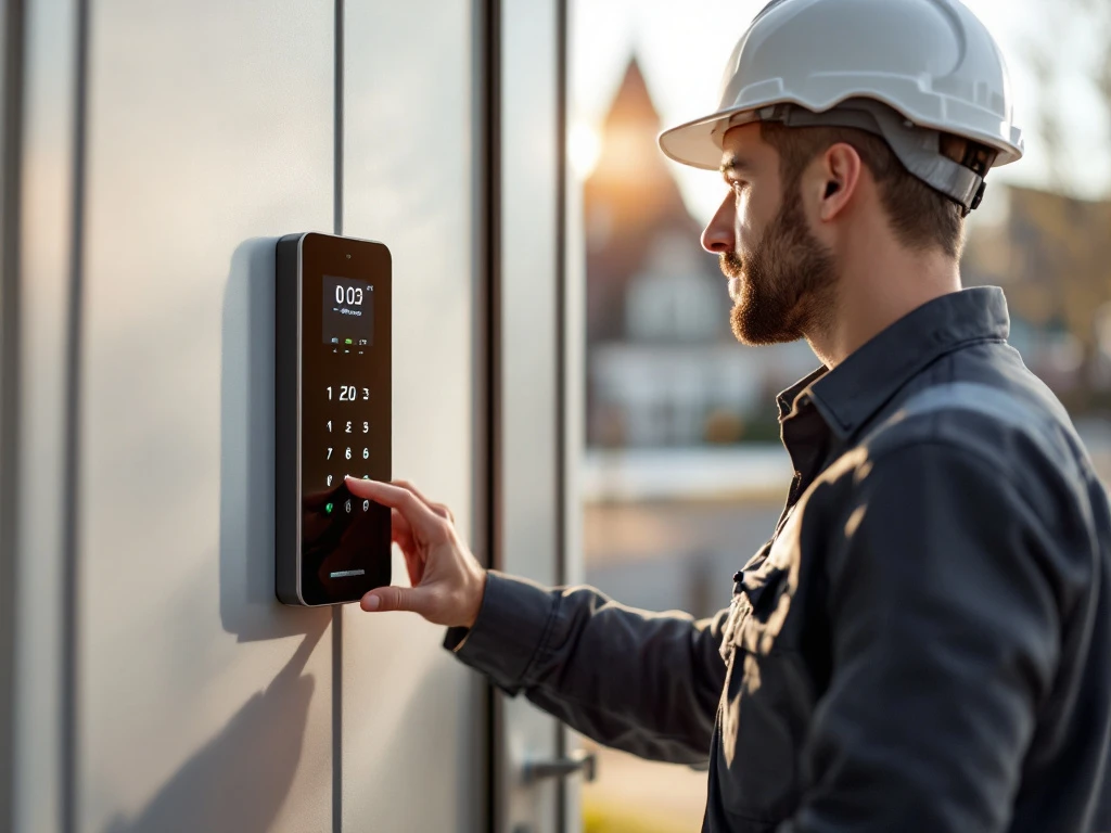 Moderne Intratone intercom bij een stijlvolle Nederlandse voordeur, met een professionele installateur die de montage voltooit in warm zonlicht tegen een achtergrond van traditionele architectuur.